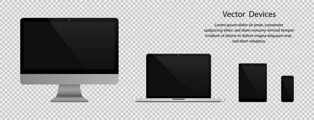 Wall Mural - electronic gadgets. realistic computer monitor, laptop, tablet and phone with black screen on transp