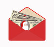 Bill one hundred dollars with Santa Claus in open red envelope isolated on white background.