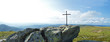 a magnificent viewpoint panoramic at the top of a mountain with a religious cross. Saint Jacques de Compostelle pilgrimage