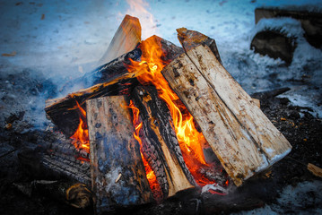 Burning logs in a snowy winter with smoke