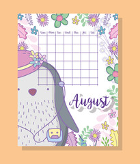 Poster - august calendar information with penguin and plants