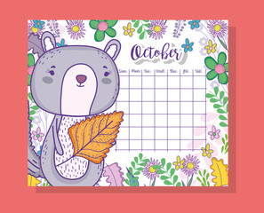 Poster - october calendar information with squirrel and plants