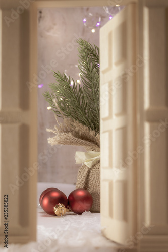 Christmas Holiday Decorations Through A Doll House Door Buy This