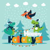Fototapeta Dinusie - Cute winter holiday illustration with funny dinosaurs. Christmas and New Year vector card