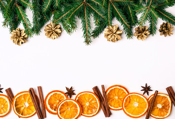 Sticker - Christmas Nature Border of Fir Branches and Dry Oranges Slices