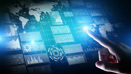 Business intelligence dashboard with graph and icons. Big data. Trading and investment. Modern technology concept on virtual screen.