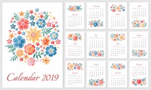 Beautiful Calendar For 2019 Year. Week Starts On Sunday. Months With Floral Ornament Of Colorful Embroidered Flowers. Ethnic Embroidery Pattern.