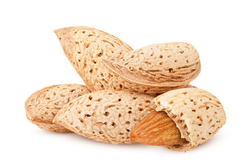 Almond nut in shell isolated on white background, clipping path, full depth of field