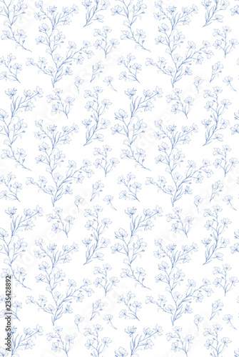 Delicate Floral Repeatable Vector Pattern Blue Twigs Flowers And Leaves On A White Background Subtle Design Lovely Hand Drawn Sprigs Illustration Stock Vector Adobe Stock