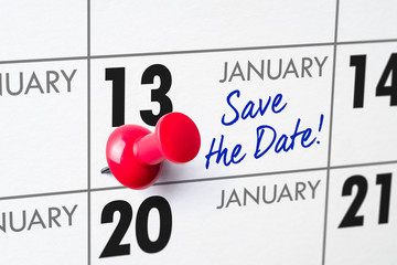 Wall calendar with a red pin - January 13