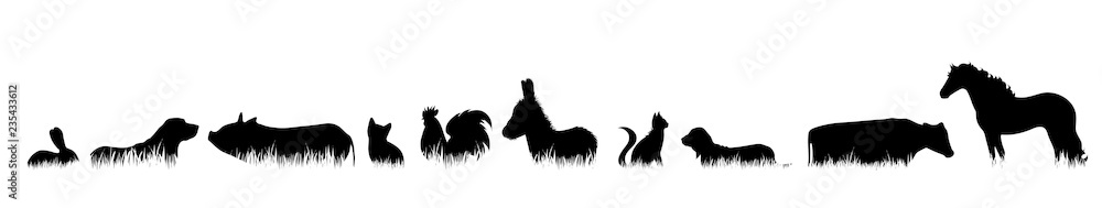 Vector silhouette of farm animal in the grass on white background. - obrazy, fototapety, plakaty 