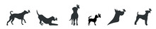 Vector Silhouette Of Dog Set With Butterfly On White Background.