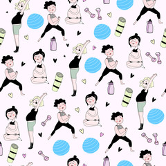 Wall Mural - Yoga for pregnant. Hand drawn doodle elements. Colored graphic vector seamless pattern. Pink background