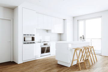 Wall Mural - White Modern kitchen in a loft 3d render