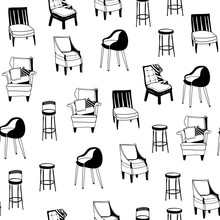 Black And White Various Chairs. Hand Drawn Doodle Vector Seamless Pattern