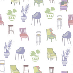 Canvas Print - Colored chairs and home plants. Hand drawn doodle vector seamless pattern