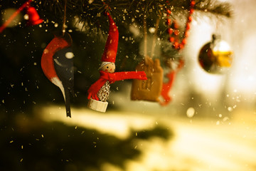 Wall Mural - christmas tree decorated with balls ,lights and toys /toned/close up