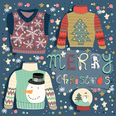 Wall Mural - Merry christmas. Hand drawn various christmas sweaters. Colored vector greeting card
