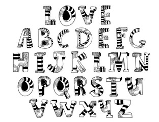 Hand drawn doodle alphabet. Vector Font. Every letter is isolated