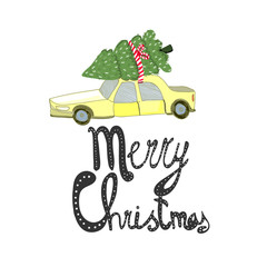 Wall Mural - Christmas tree on a car. Merry Christmas vector greeting card