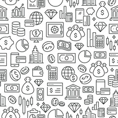 Seamless pattern with money and finance. Black and white thin line icons