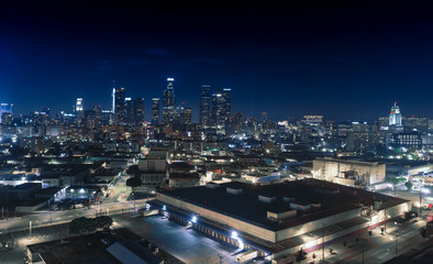 Downtown Los Angeles Night City Lights - Drone Aerial View of Skyscrapers 