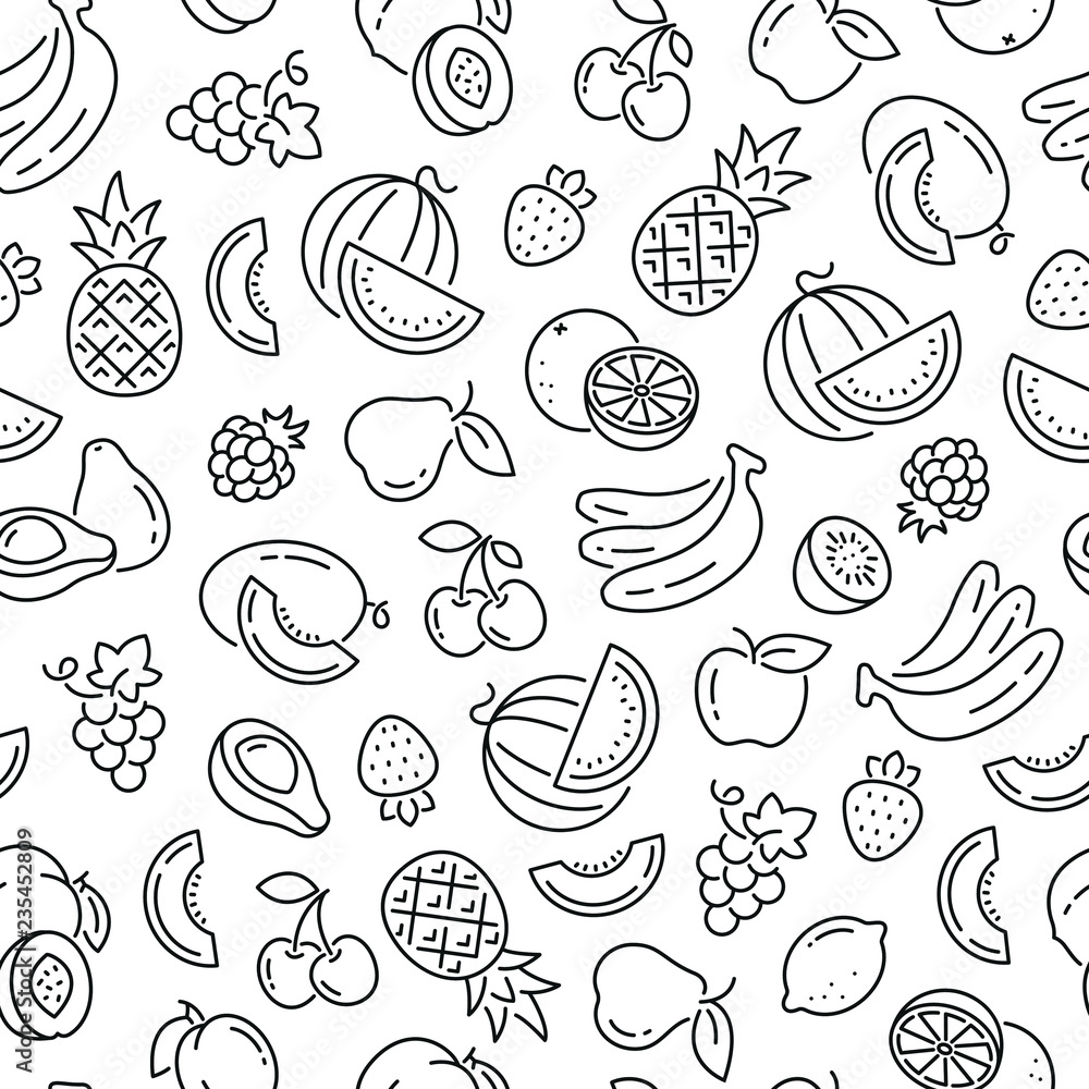 Naklejka premium Bezszwowy wzór z owoc. Ikony czarno-białe cienkie
