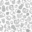 Seamless pattern with fruits. Black and white thin line icons