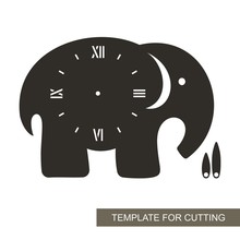 Dial With Arrows And Roman Numerals. Elephant Shape. Silhouette Of Clock  On White Background. Decor For Home Or Kids Room. Template For Laser Cutting, Wood Carving, Paper Cut And Printing. Vector.