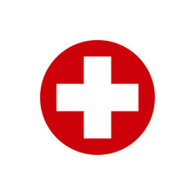 White Cross In A Red Circle. First Aid Icon. Vector Illustration