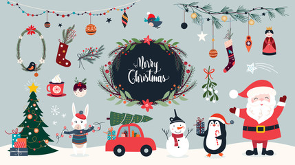 Wall Mural - Christmas collection of seasonal elements with Santa and snowman, hand drawn items, vector design