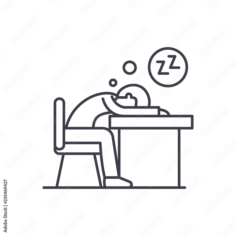 Tired at work line icon concept. Tired at work vector linear illustration, sign, symbol - obrazy, fototapety, plakaty 