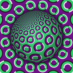 Wall Mural - optical illusion vector illustration. green purple rings patterned sphere soaring above the same sur