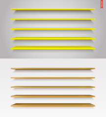 Wall Mural - Set of Glass, Wood, Plastic, Metal Long Shelves in Vector Isolated on the Wall Background