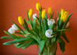 Bouquet of yellow and white tulips. Easter bouquet. Spring flowers.