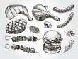 Ink hand drawn set of meat products and grilled dishes. Food elements collection. Vector illustration.