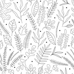  Doodle floral background. Seamless pattern with outline leaves and herbs.