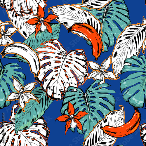 Stoffe zum Nähen Hand drawn seamless pattern with tropical outline and palm leaves on electric blue background.