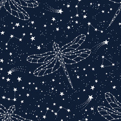 Wall Mural - seamless pattern with dragonfly, constellations and stars