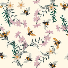 Vintage Embroidery Honey Bee,with Wild Flowers  Many Kind Of Florals Seamless Pattern Vector Backdrop.