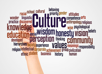 Culture word cloud and hand with marker concept