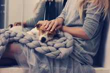 Cozy Home, Woman Covered With Warm Blanket Drinking Coffee, Cuddle Dog. Relax, Carefree, Comfort Lifestyle.
