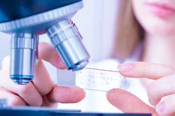 Canvas Print - Young woman technician is examining a histological sample, a biopsy in the laboratory of cancer research