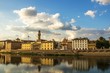 View of the river Arno, Santa Maria del Fiore church, Florence, and home. Cityscape view of Arno river, towers and cathedrals of Florence. Florence, Italy.