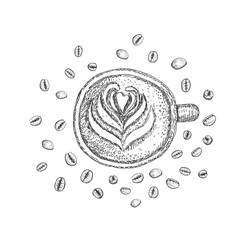 Wall Mural - Cup with a coffee drink and coffee beans on the white background, top view.