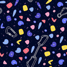 Pattern With Climbing Grips, Carabines And Quickdraws On The Dark Background. Colorful Vector Illustration For Banners Or Print On Textile