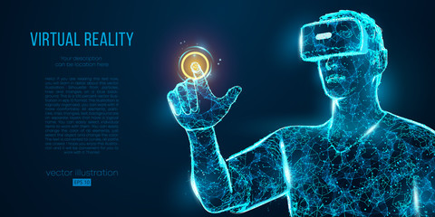 vr headset holographic projection virtual reality glasses, helmet. low poly wire outline geometric v