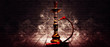 Hookah on a dark abstract background, smoke, fog, neon, concrete, rays