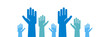 Raised blue hands volunteering to help a good cause. Vector trendy flat icon for volunteer, charity, donation and contribution concepts