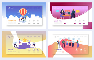 Wall Mural - business landing page template set. business people characters social media, innovation, career grow